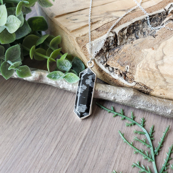 Snowflake Obsidian Necklace, Long Hexagon